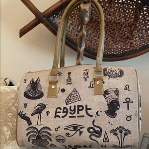 Egypt Print Canvas Travel Satchel - Black on Natural